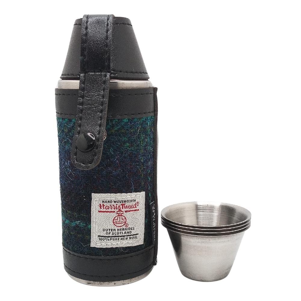 Harris Tweed Hunting Flask With Shot Glasses- Blue With Turquoise Overcheck