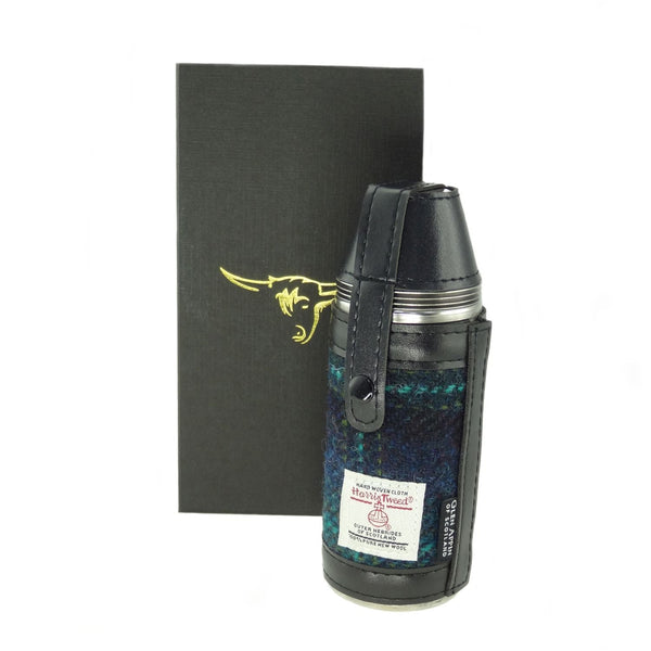 Harris Tweed Hunting Flask with Shot Glasses - Blue with Turquoise Overcheck - The Celtic Gift Store - Drinkware