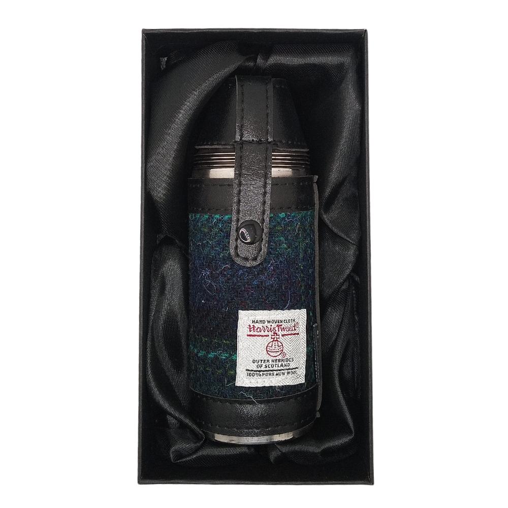 Harris Tweed Hunting Flask With Shot Glasses- Blue With Turquoise Overcheck