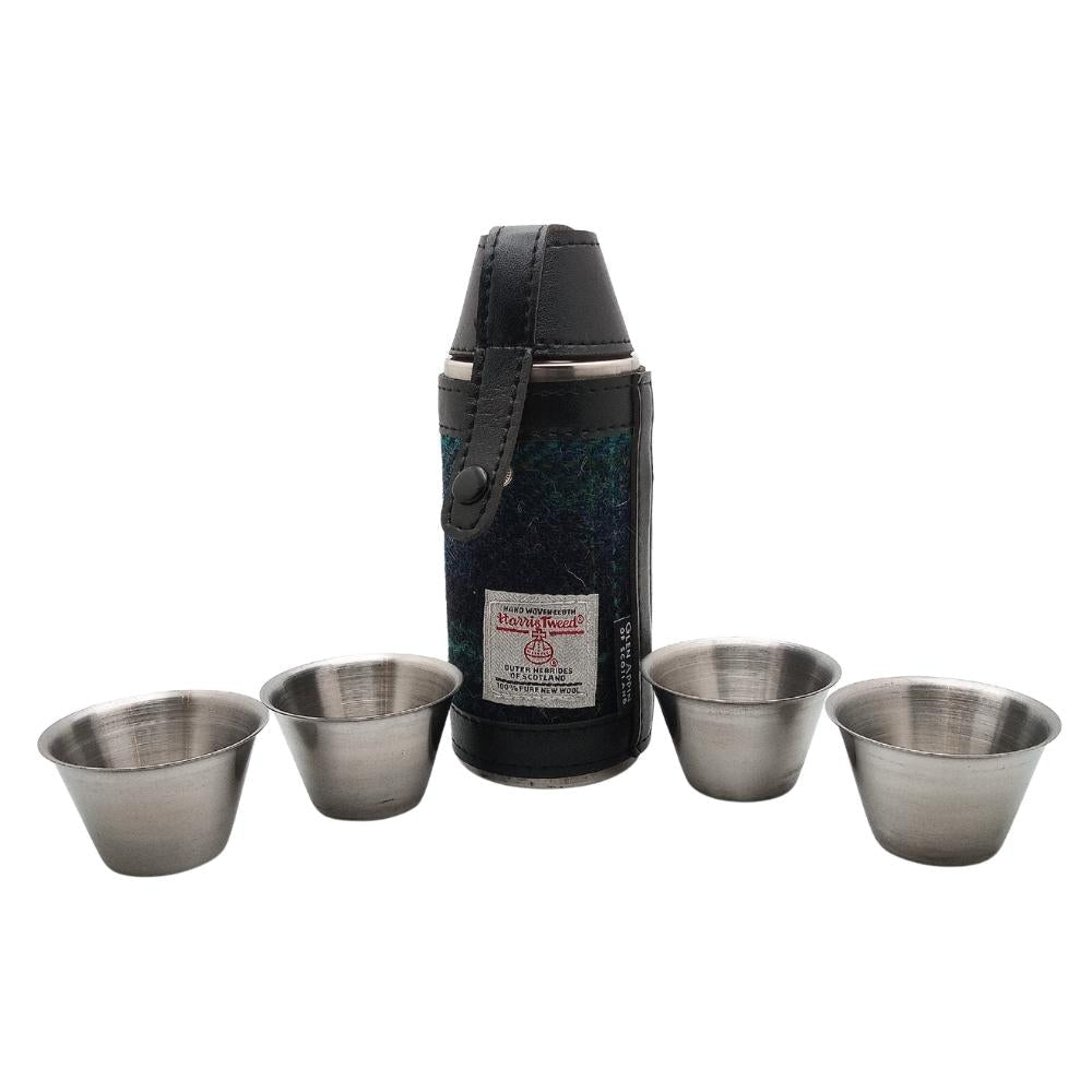 Harris Tweed Hunting Flask With Shot Glasses- Blue With Turquoise Overcheck