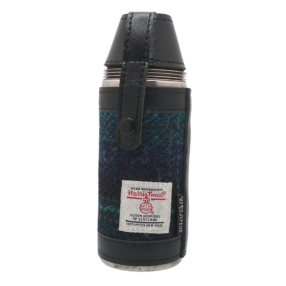 Harris Tweed Hunting Flask With Shot Glasses- Blue With Turquoise Overcheck