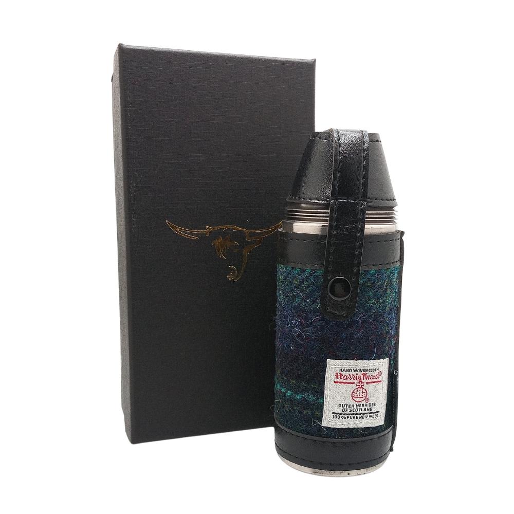 Harris Tweed Hunting Flask With Shot Glasses- Blue With Turquoise Overcheck