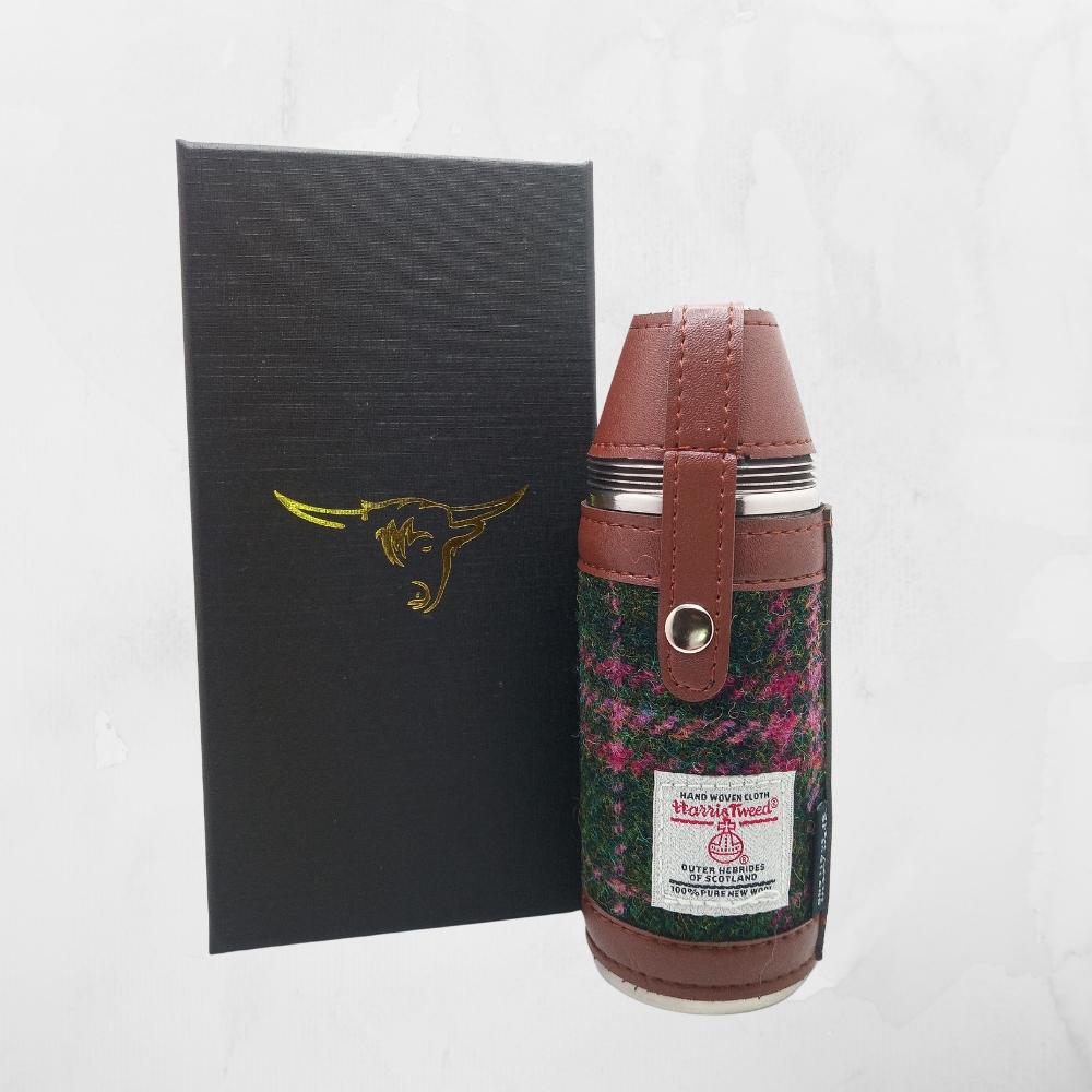 Harris Tweed Hunting Flask With Shot Glasses- Dark Green And Plum Check