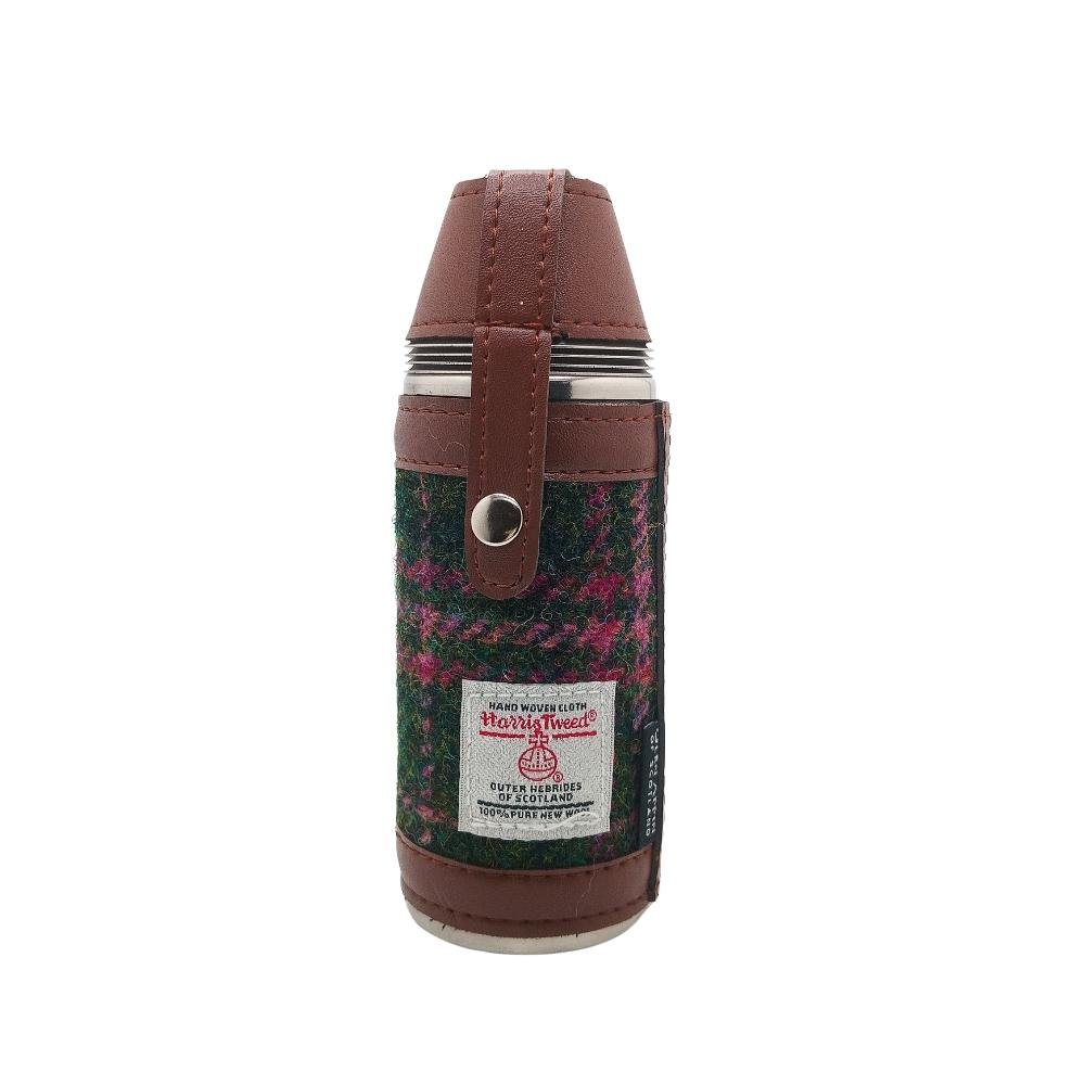Harris Tweed Hunting Flask With Shot Glasses- Dark Green And Plum Check