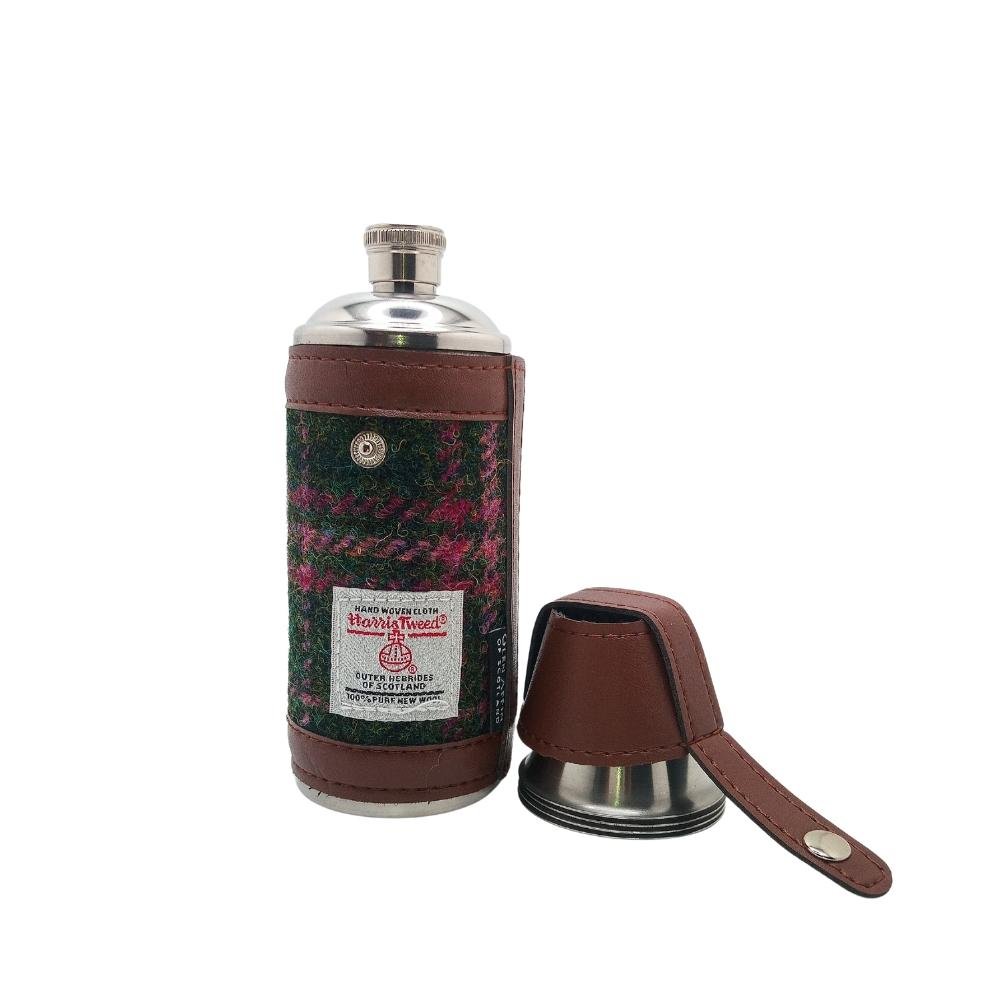 Harris Tweed Hunting Flask With Shot Glasses- Dark Green And Plum Check