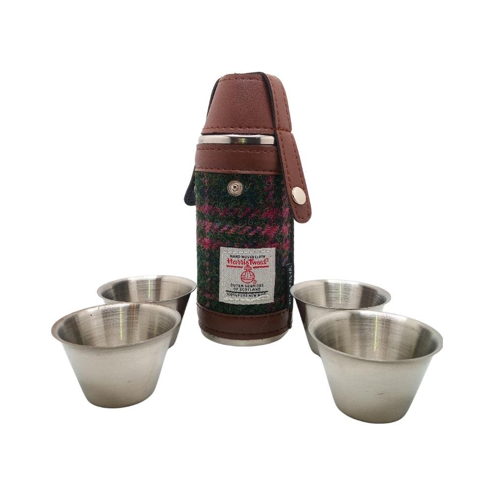 Harris Tweed Hunting Flask With Shot Glasses- Dark Green And Plum Check