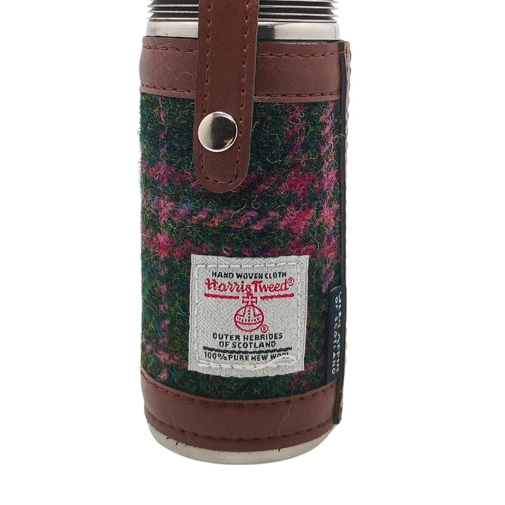Harris Tweed Hunting Flask With Shot Glasses- Dark Green And Plum Check