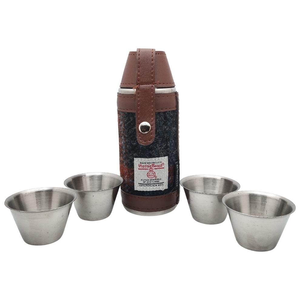 Harris Tweed Hunting Flask With Shot Glasses- Grey With Rust Overcheck