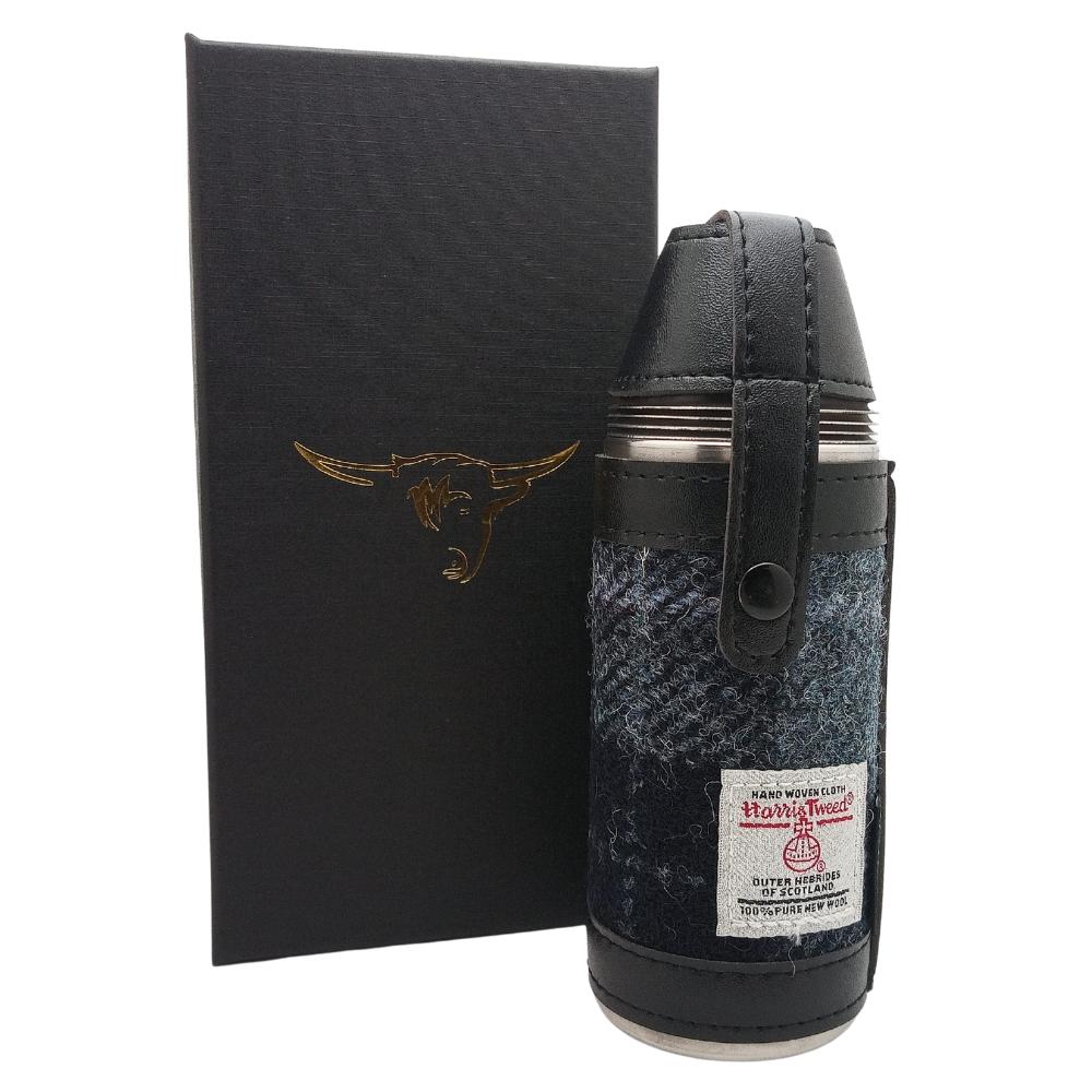 Harris Tweed Hunting Flask With Shot Glasses- Grey/Black Tartan