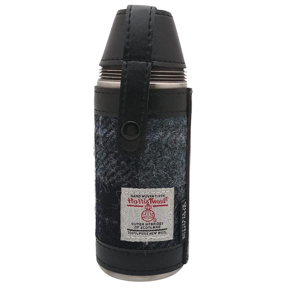Harris Tweed Hunting Flask With Shot Glasses- Grey/Black Tartan