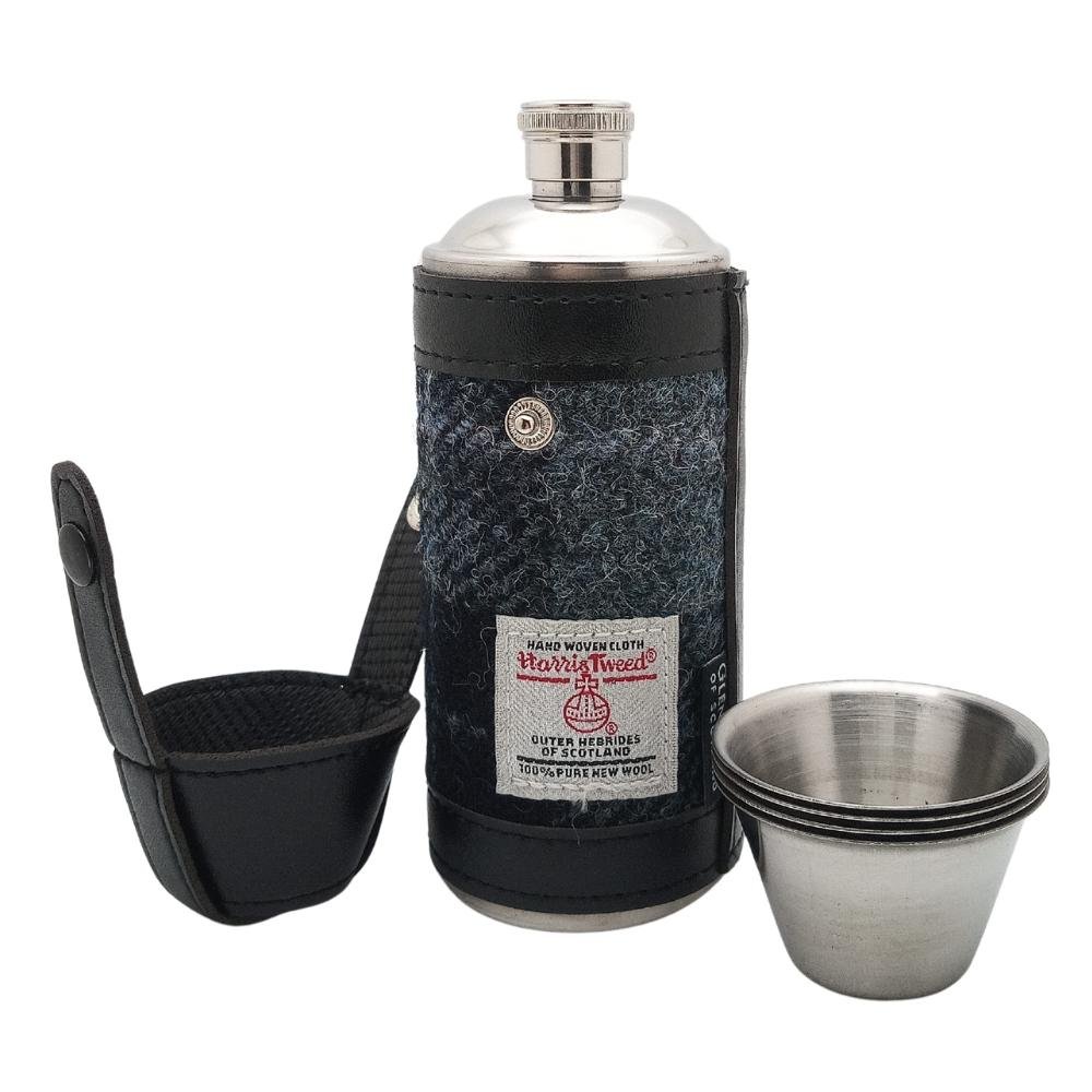 Harris Tweed Hunting Flask With Shot Glasses- Grey/Black Tartan