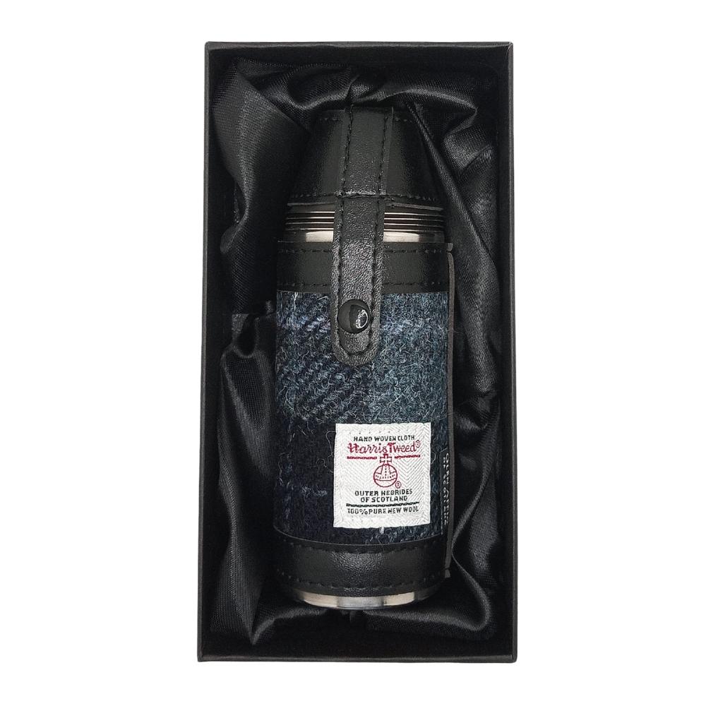 Harris Tweed Hunting Flask With Shot Glasses- Grey/Black Tartan