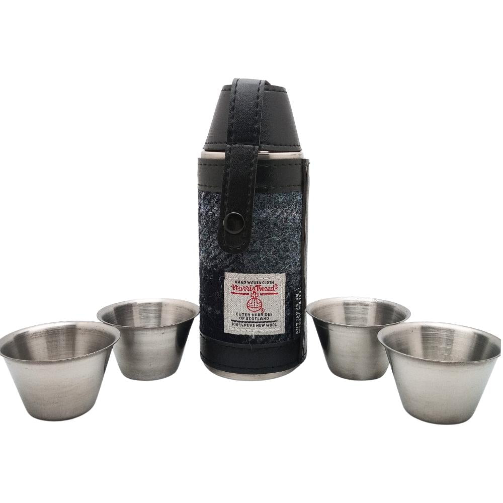 Harris Tweed Hunting Flask With Shot Glasses- Grey/Black Tartan