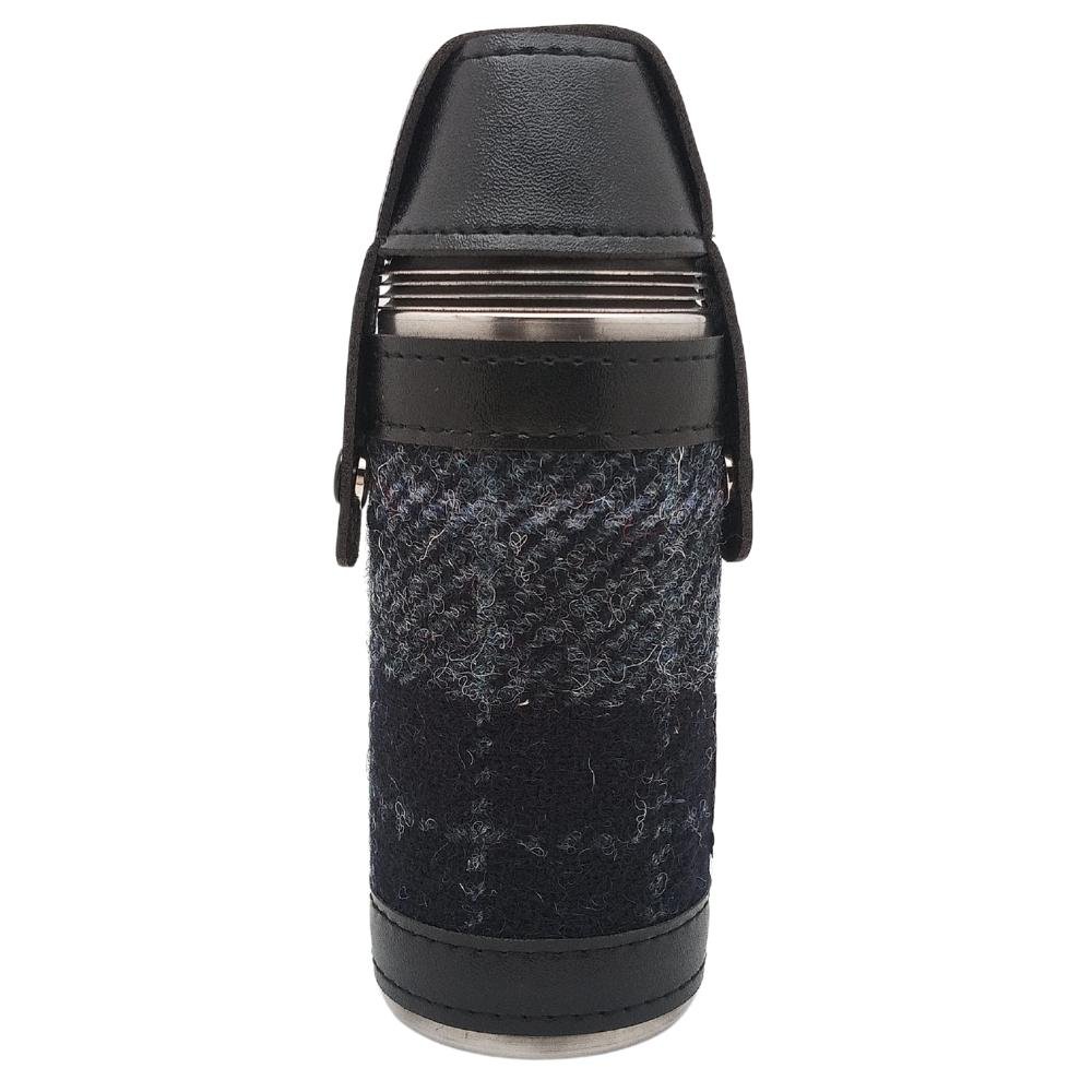 Harris Tweed Hunting Flask With Shot Glasses- Grey/Black Tartan