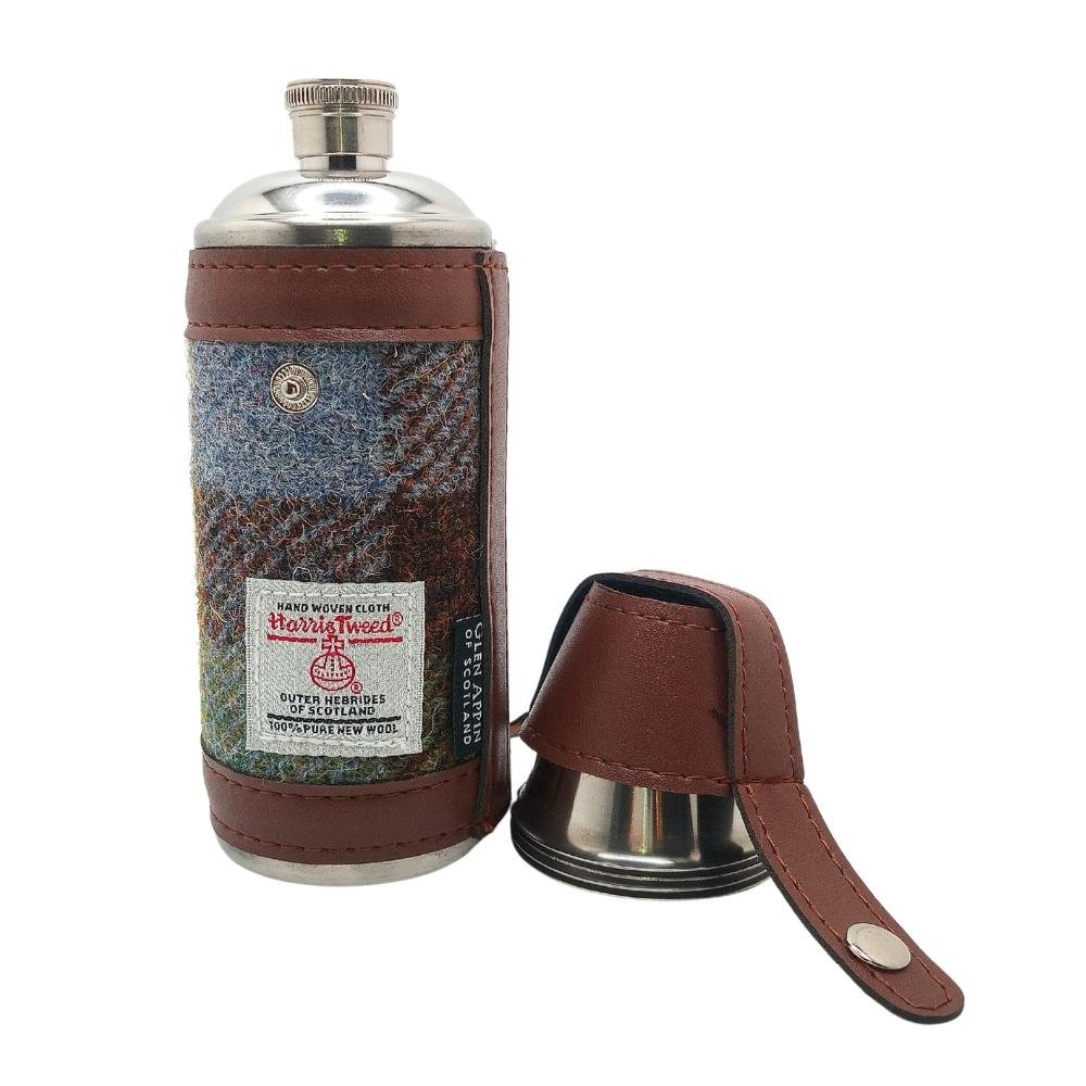 Harris Tweed Hunting Flask With Shot Glasses- Macleod Tartan
