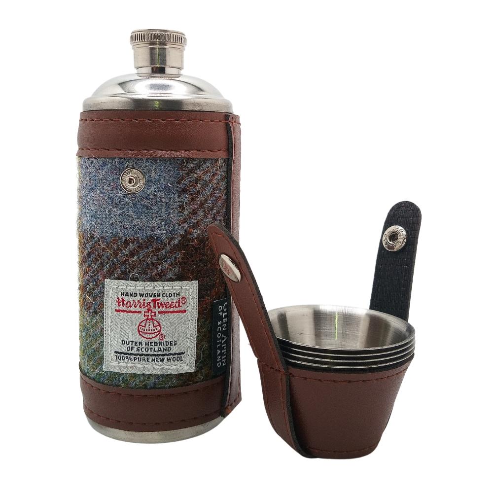 Harris Tweed Hunting Flask With Shot Glasses- Macleod Tartan
