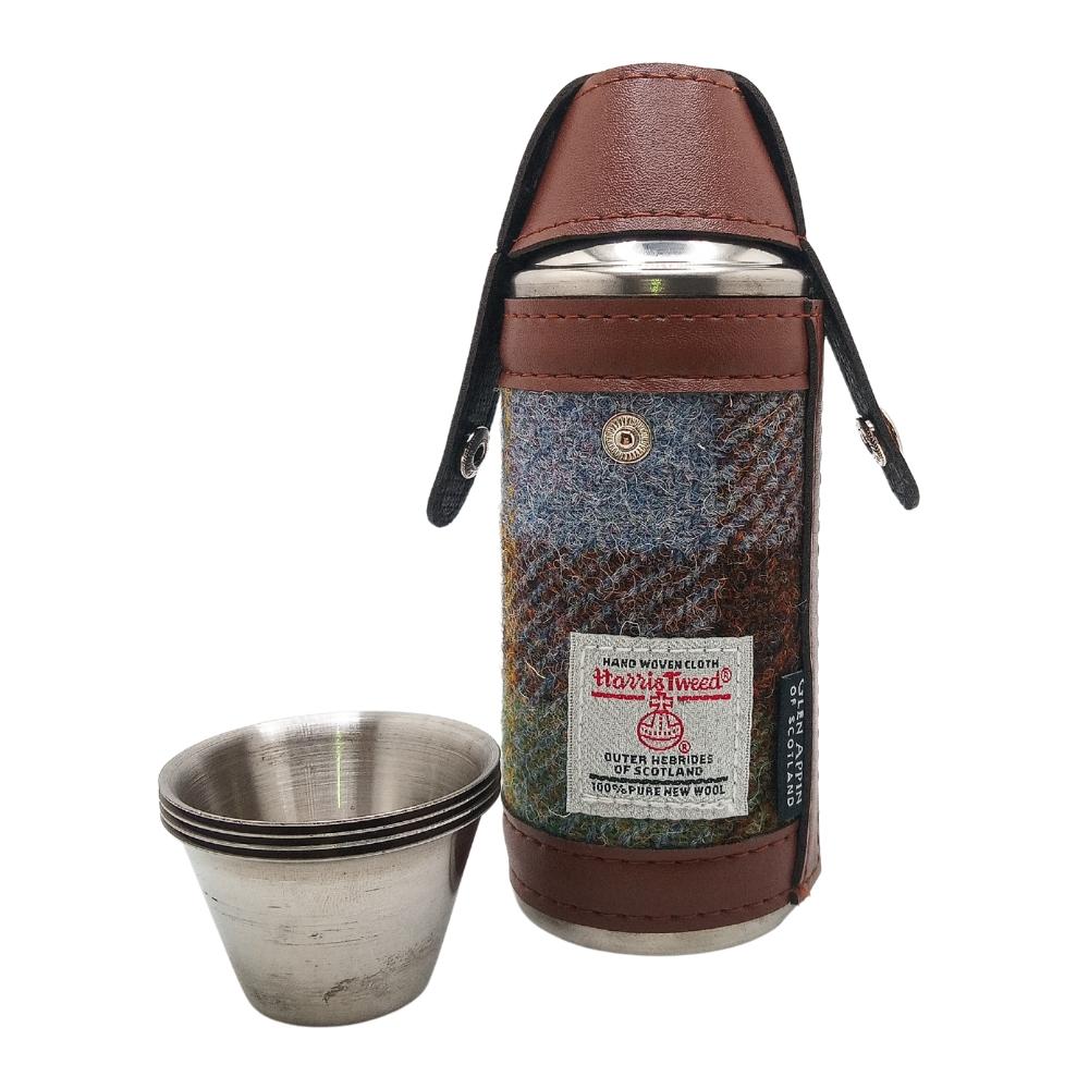 Harris Tweed Hunting Flask With Shot Glasses- Macleod Tartan
