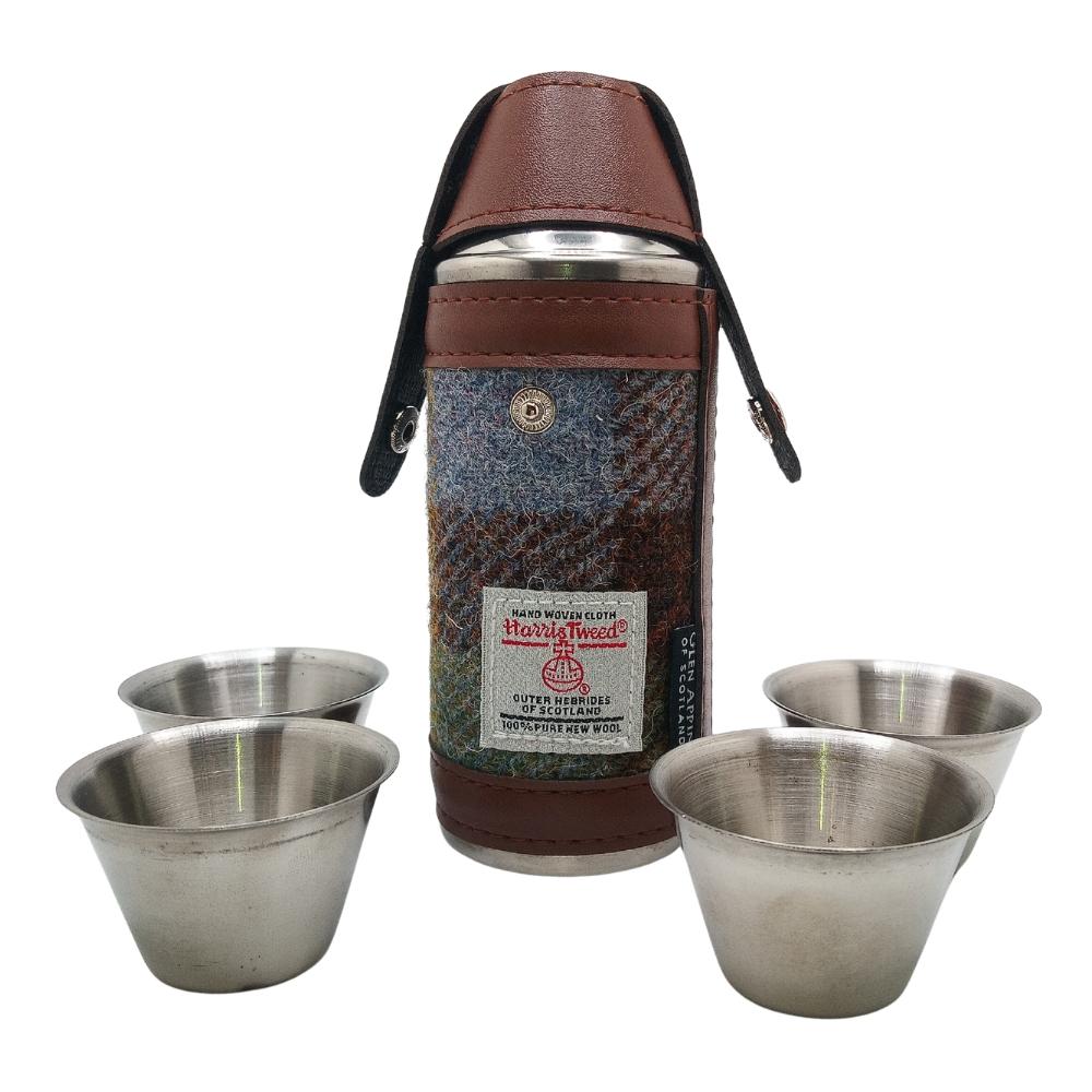 Harris Tweed Hunting Flask With Shot Glasses- Macleod Tartan