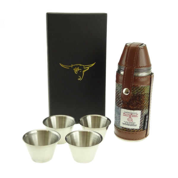 Harris Tweed Hunting Flask with Shot Glasses - MacLeod Tartan - The Celtic Gift Store - Drinkware