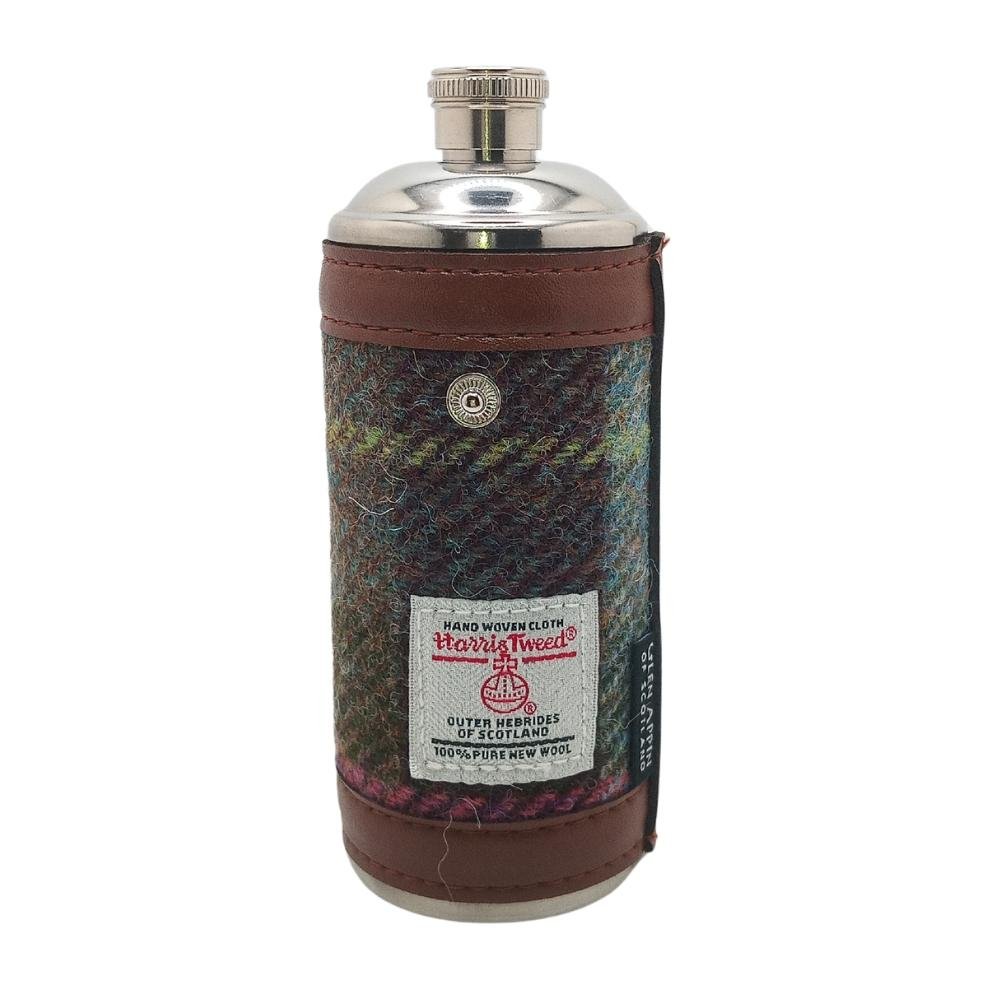 Harris Tweed Hunting Flask with Shot Glasses- Muted Green and Rose Pink Tartan