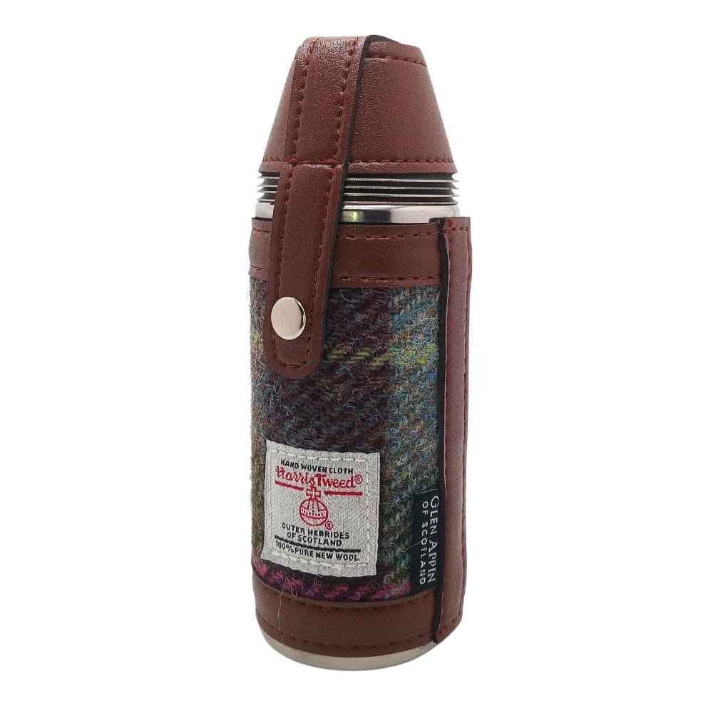 Harris Tweed Hunting Flask with Shot Glasses- Muted Green and Rose Pink Tartan