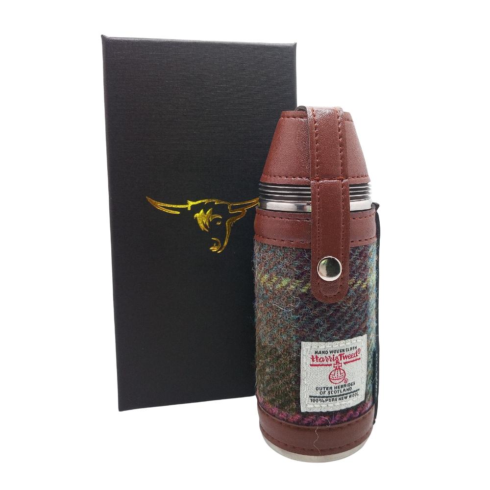 Harris Tweed Hunting Flask with Shot Glasses- Muted Green and Rose Pink Tartan