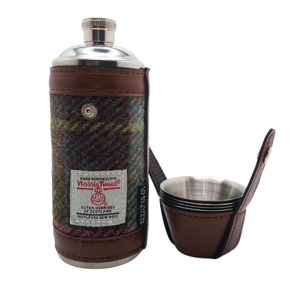 Harris Tweed Hunting Flask with Shot Glasses- Muted Green and Rose Pink Tartan