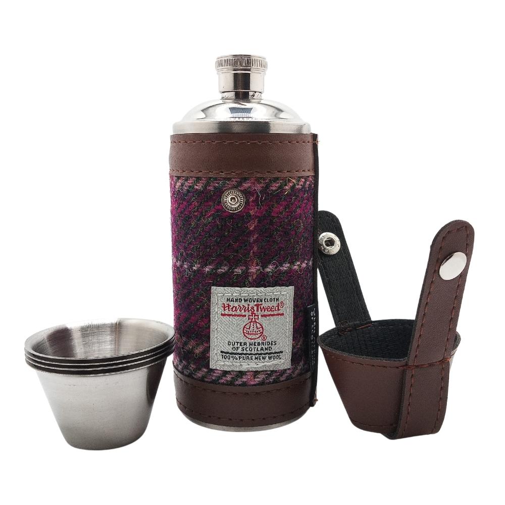 Harris Tweed Hunting Flask With Shot Glasses - Purple Check