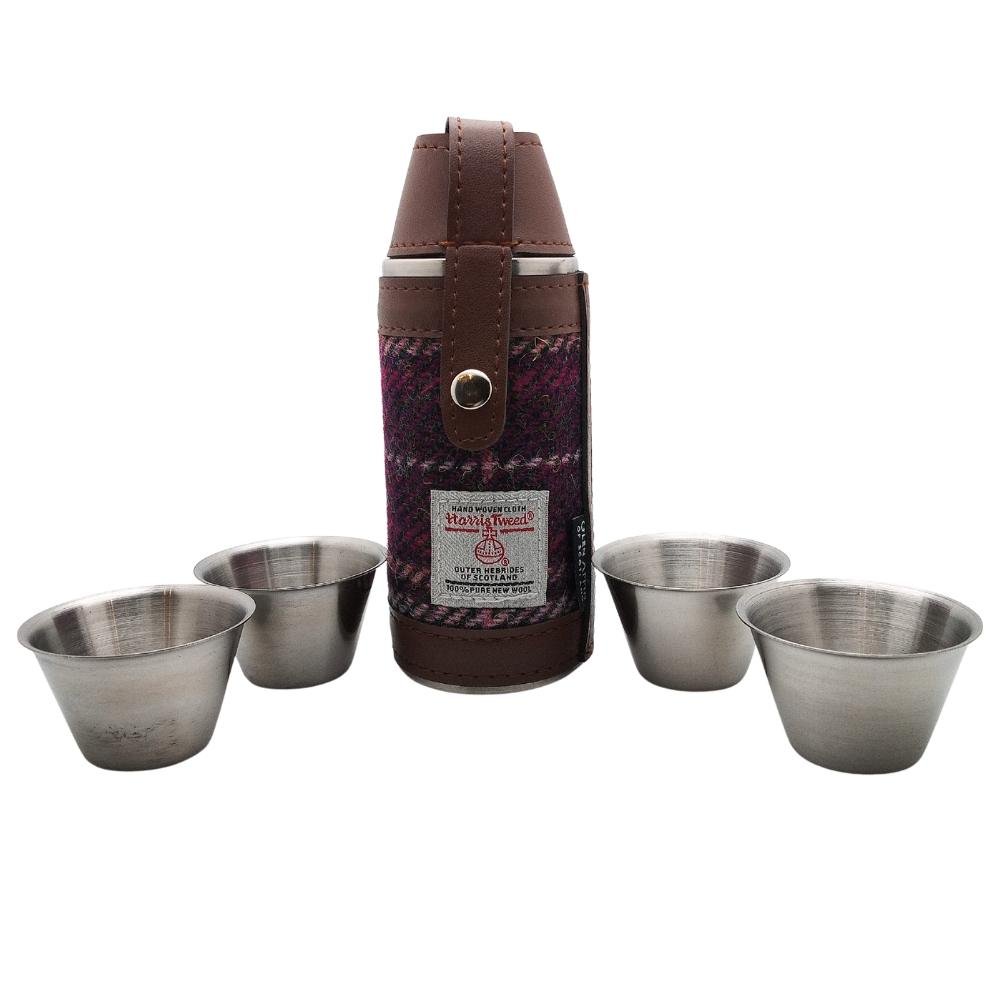 Harris Tweed Hunting Flask With Shot Glasses - Purple Check