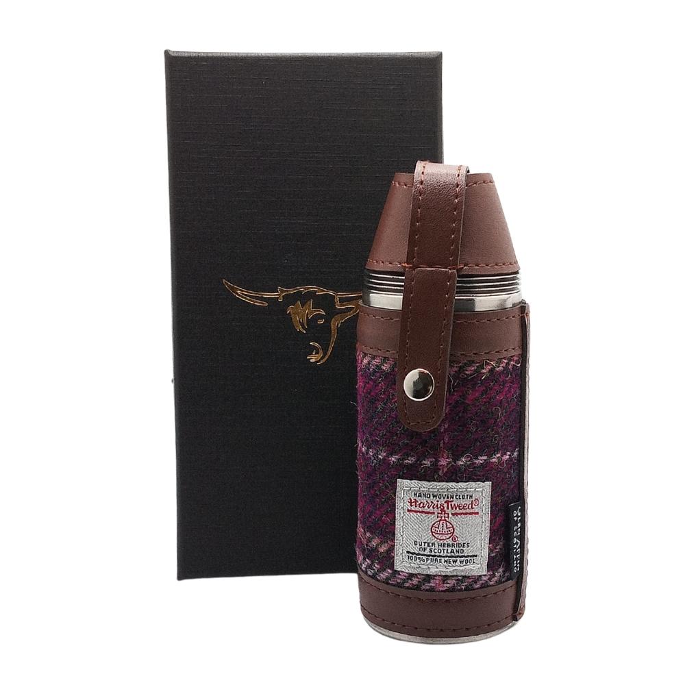Harris Tweed Hunting Flask With Shot Glasses - Purple Check