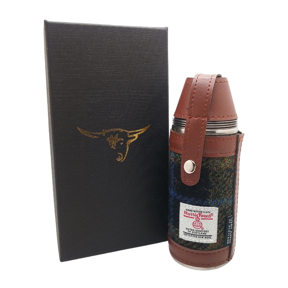 Harris Tweed Hunting Flask With Shot Glasses- Rust Check