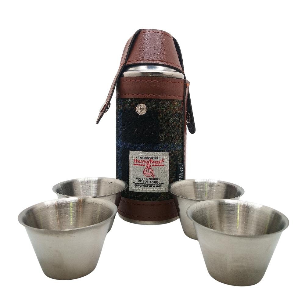 Harris Tweed Hunting Flask With Shot Glasses- Rust Check