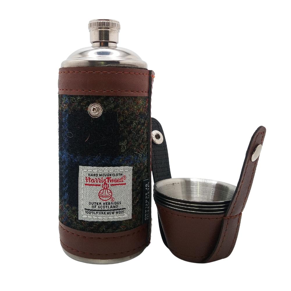 Harris Tweed Hunting Flask With Shot Glasses- Rust Check