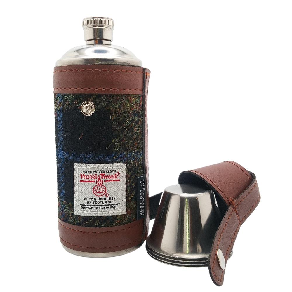 Harris Tweed Hunting Flask With Shot Glasses- Rust Check