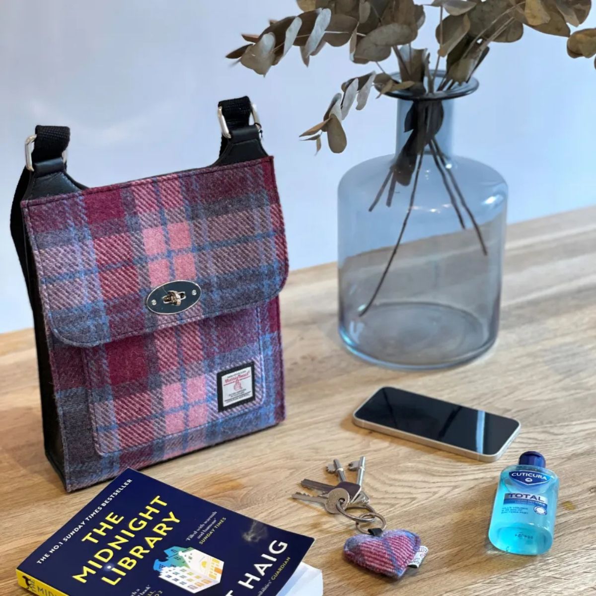 Harris Tweed Satchel Bag - Pink and Blue Tartan
