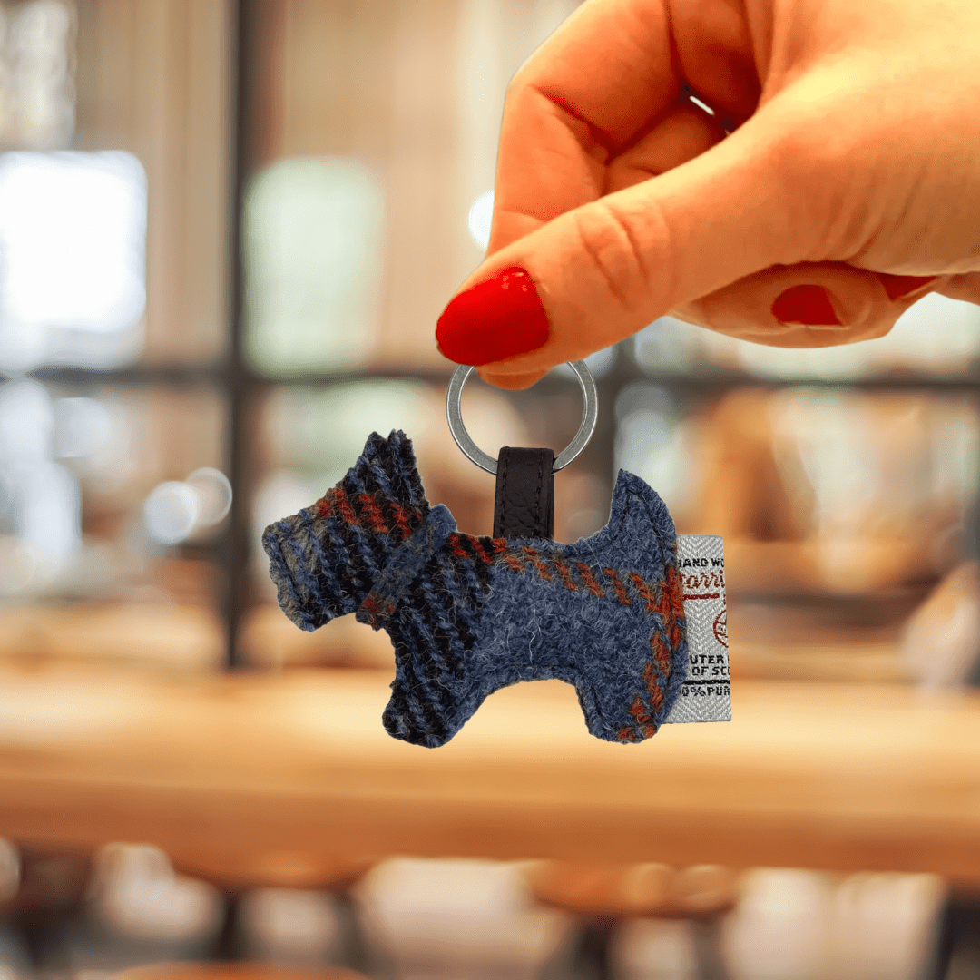 Harris Tweed Scottie Dog Keyring - Blue and Brown Check - The Celtic Gift Store - Gift