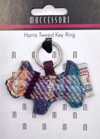 Harris Tweed Scottie Dog Keyring - Green and Purple Plaid - The Celtic Gift Store - Gift