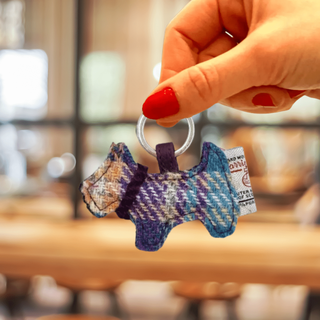 Harris Tweed Scottie Dog Keyring - Green and Purple Plaid - The Celtic Gift Store - Gift