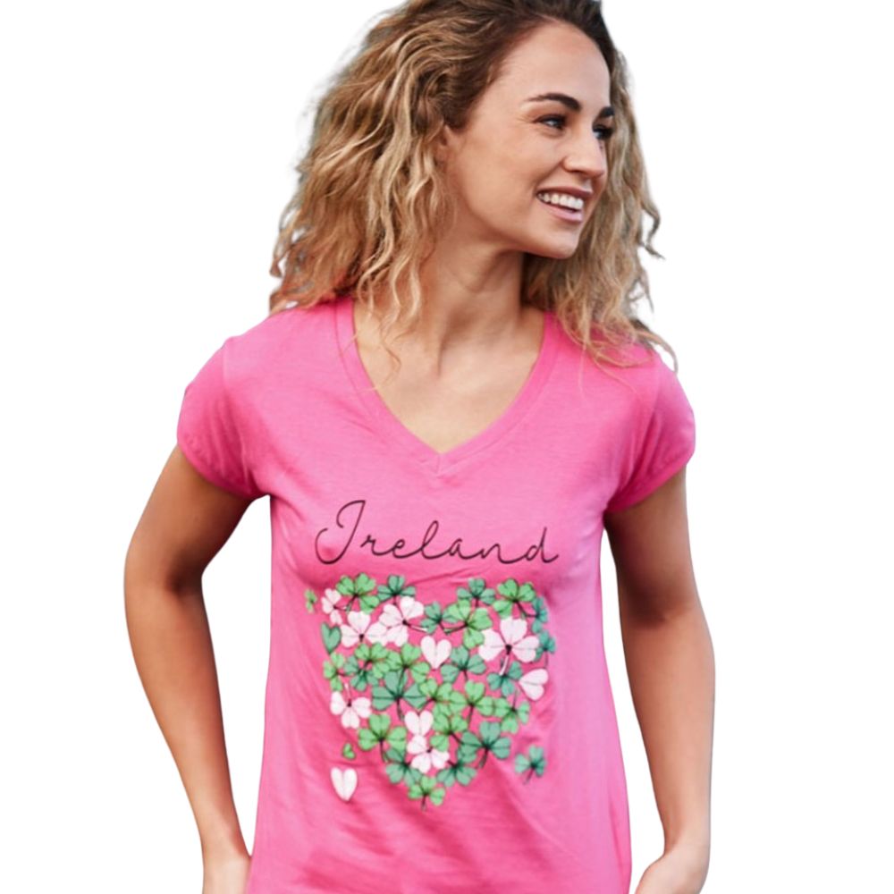 Ireland Shamrock Heart Pink Ladies T-Shirt