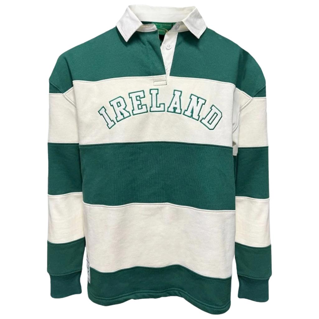 Ireland Stripe Long Sleeve Rugby Shirt in Evergreen & Cream by Tradcraft - Shirts & Tops