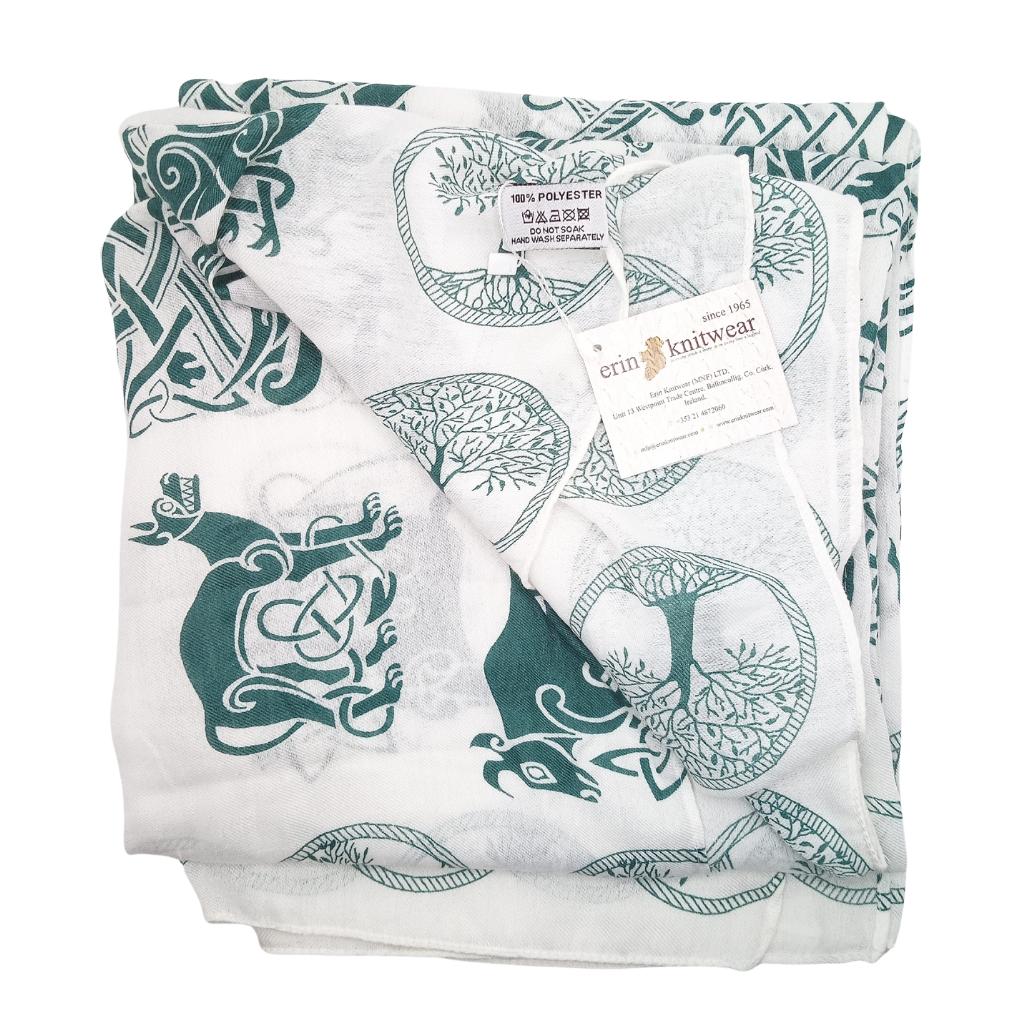 Irish Celtic Symbols Scarf - White/Green