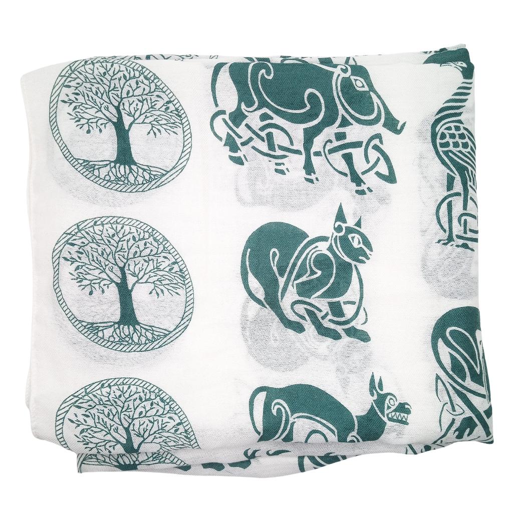 Irish Celtic Symbols Scarf - White/Green