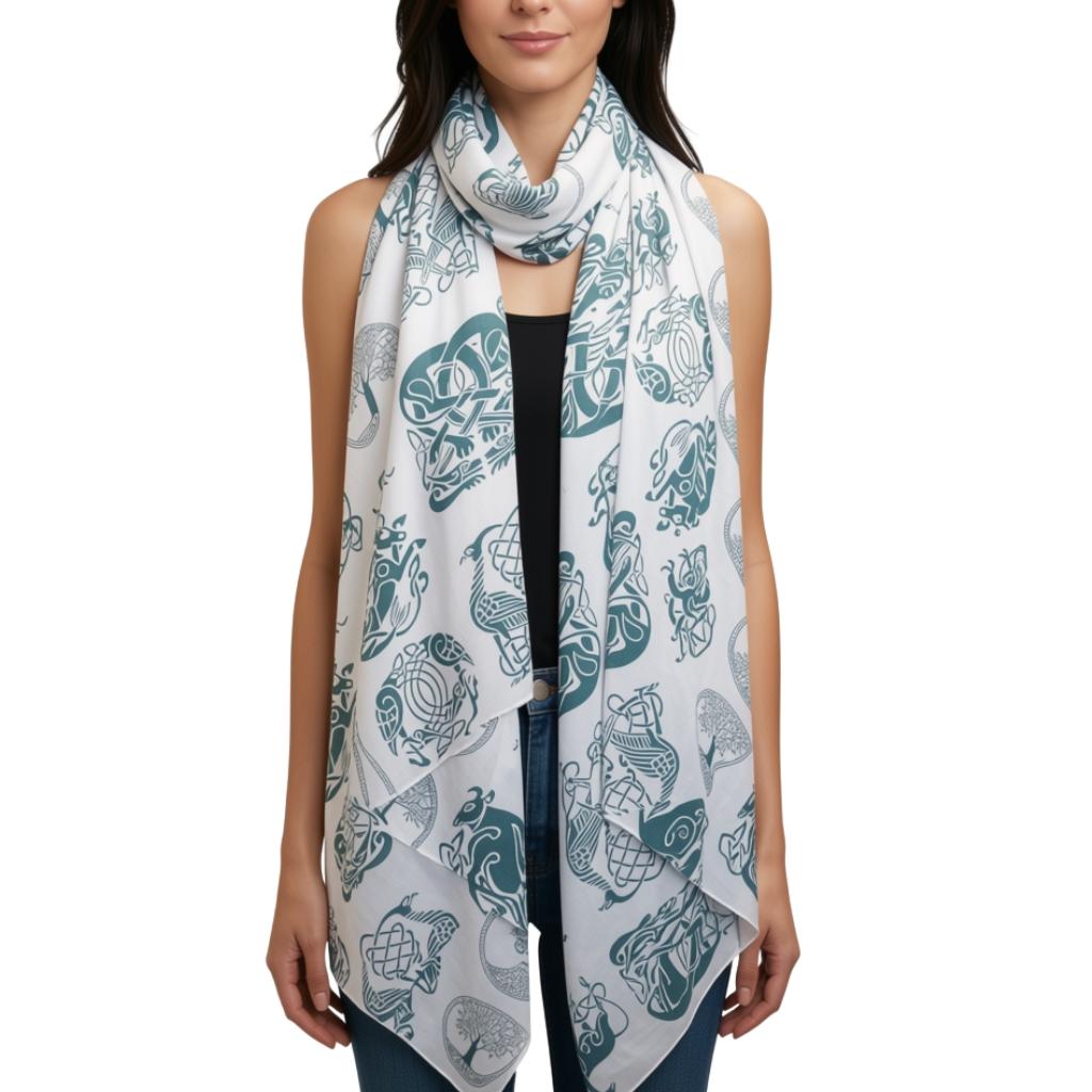 Irish Celtic Symbols Scarf - White/Green