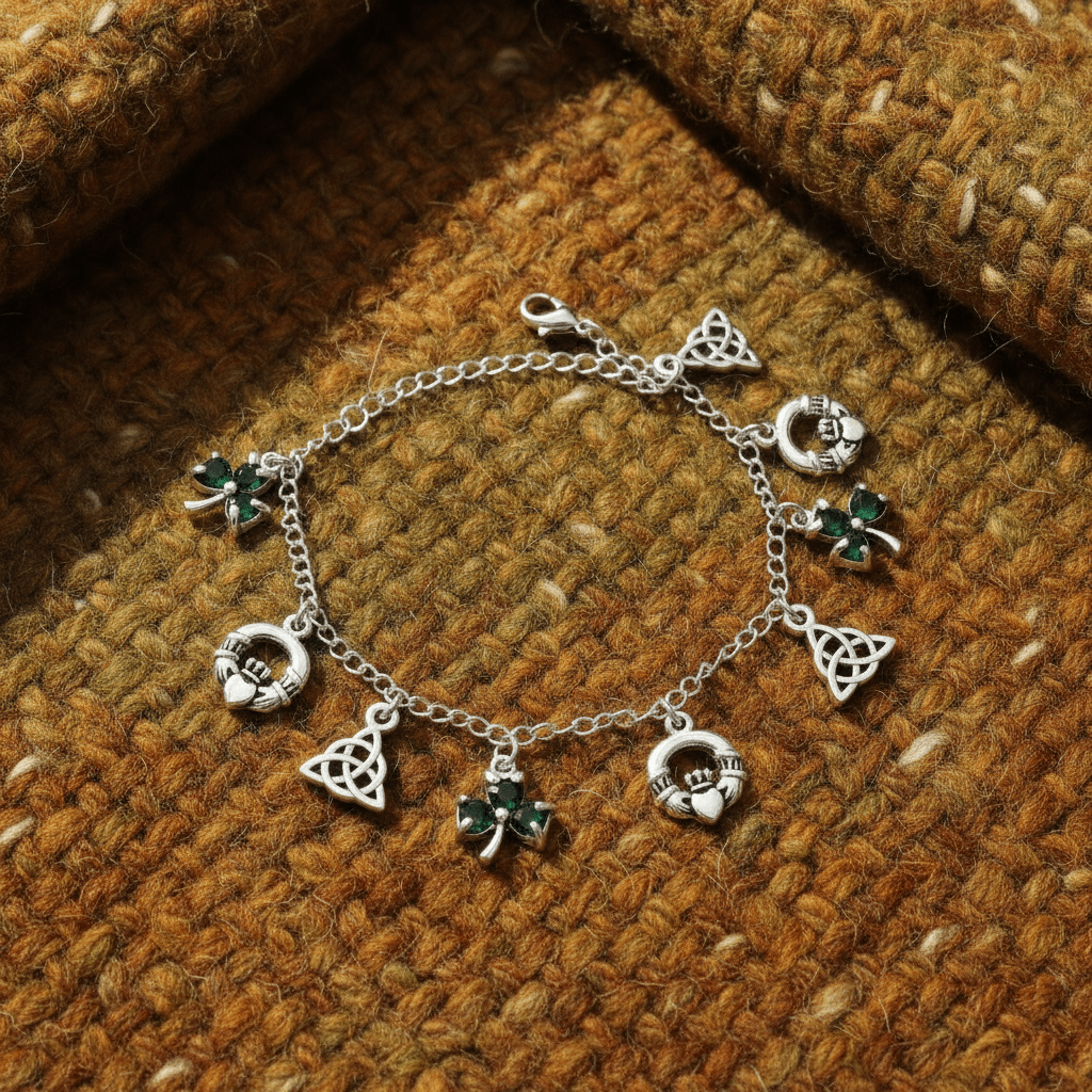 Silver bracelet with charms on a brown textured fabric background