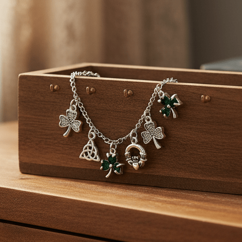 Silver bracelet with green gemstone charms on a white background