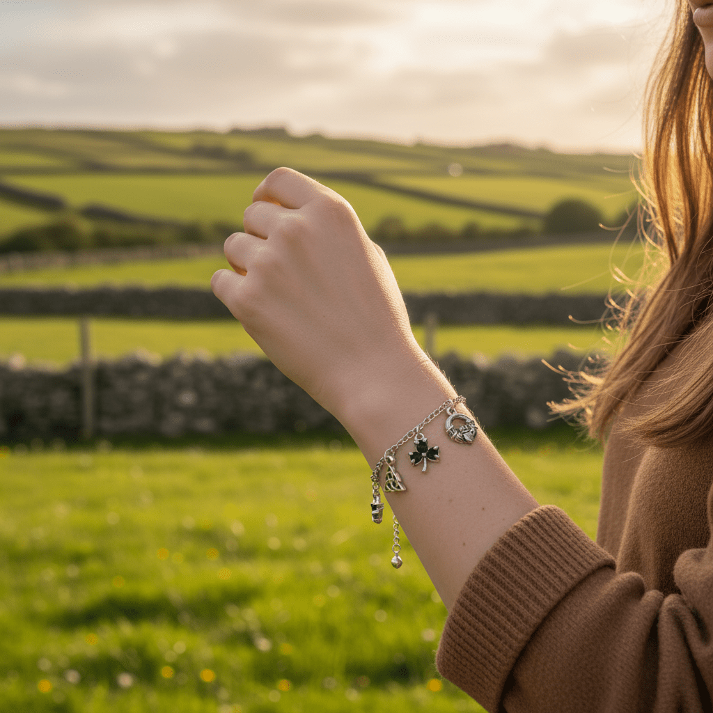 Person wearing a bracelet with charms against a scenic background of green fields and a stone wall.