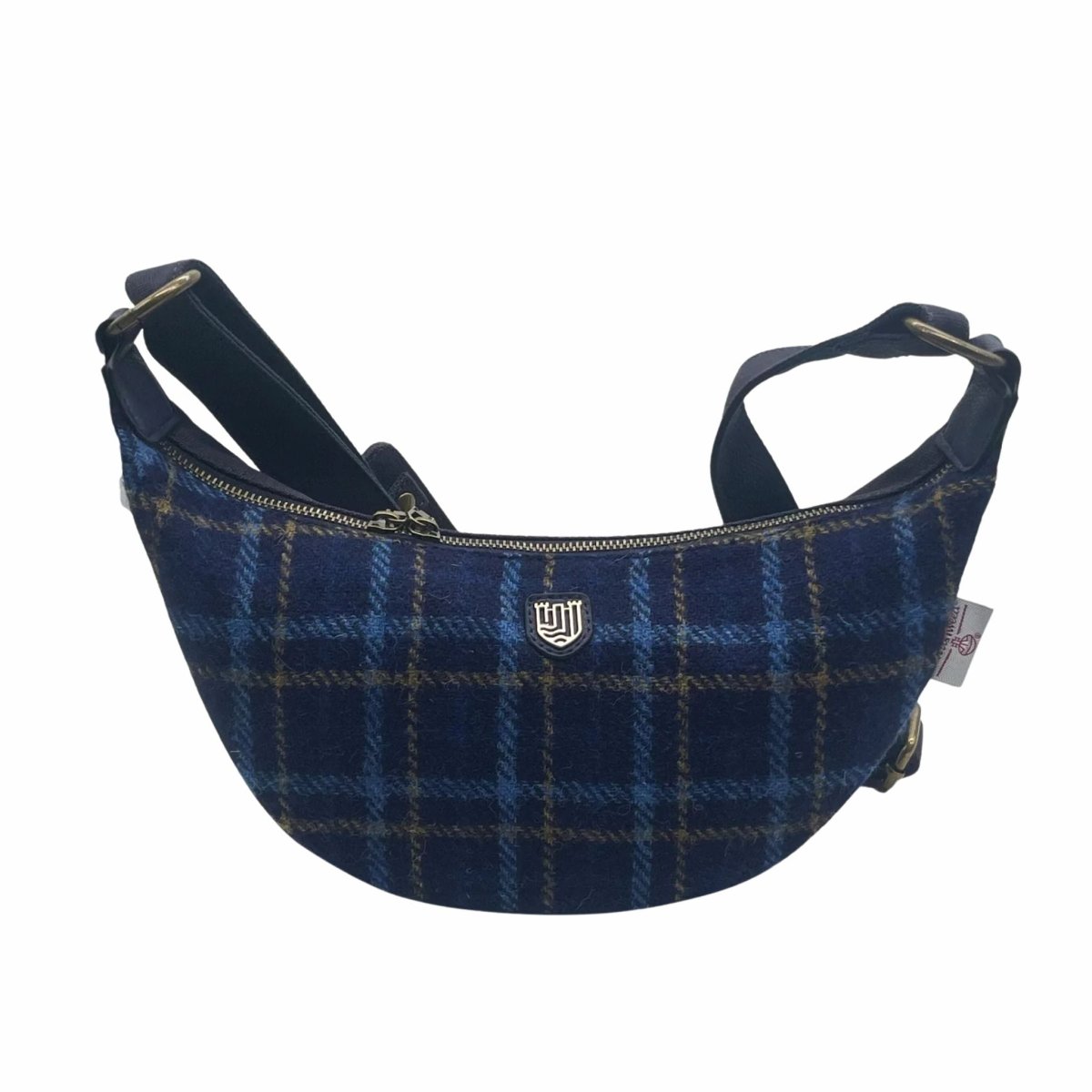 Blue plaid bag with a visible brand logo on a white background