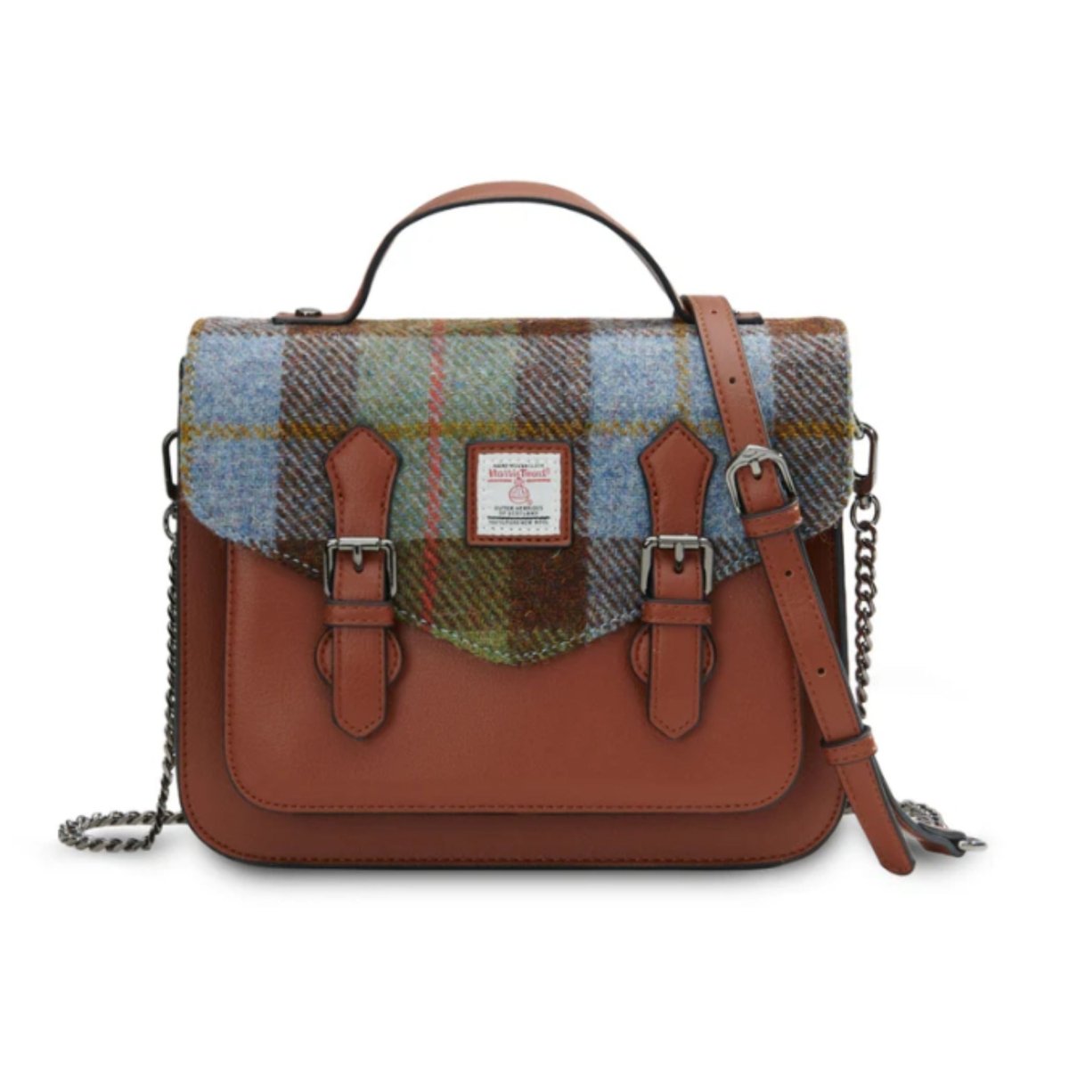 Islander Harris Tweed Medium Calton Satchel 'Chestnut Blue Tartan' - The Celtic Gift Store - Handbags