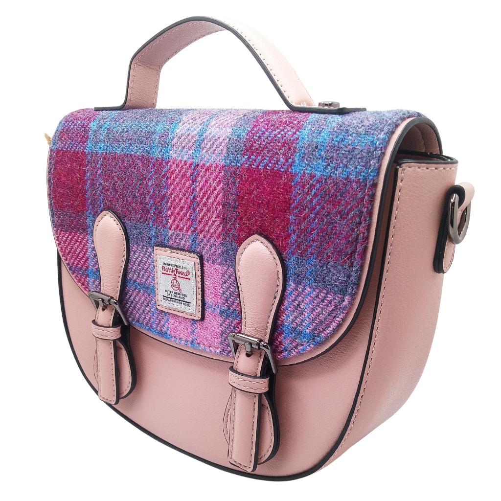 Islander Harris Tweed Medium Cobble Satchel 'Pink and Blue Tartan'
