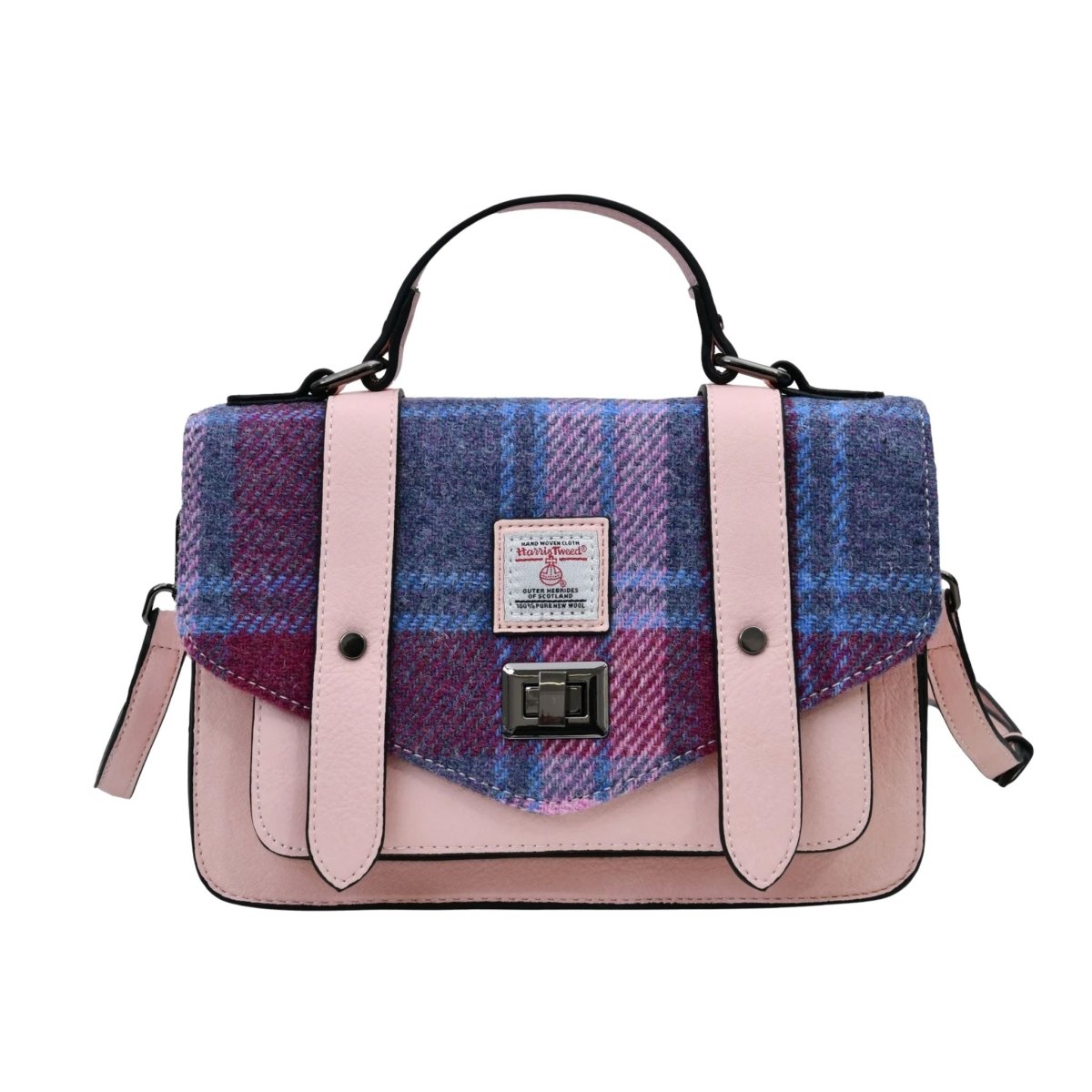 Islander Harris Tweed Medium Satchel 'Pink and Blue Tartan'